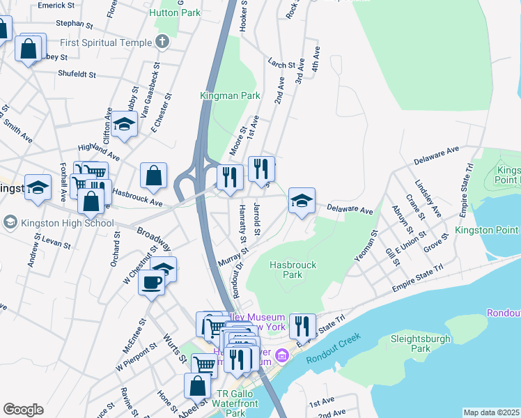 map of restaurants, bars, coffee shops, grocery stores, and more near 467 Delaware Ave in Kingston