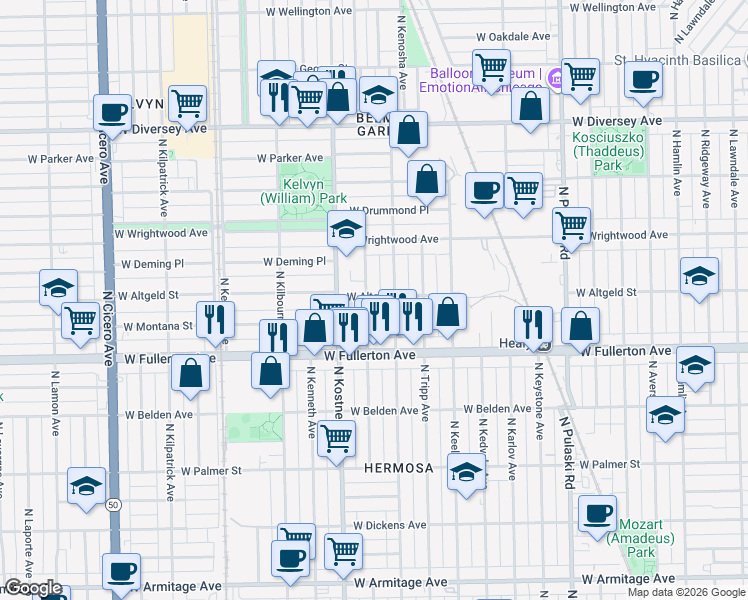 map of restaurants, bars, coffee shops, grocery stores, and more near 2507 North Lowell Avenue in Chicago