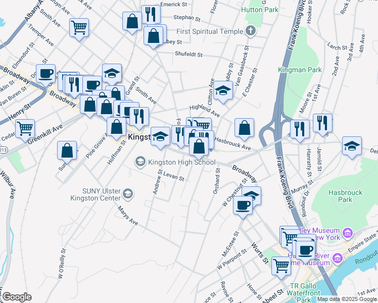 map of restaurants, bars, coffee shops, grocery stores, and more near 27 Jansen Avenue in Kingston