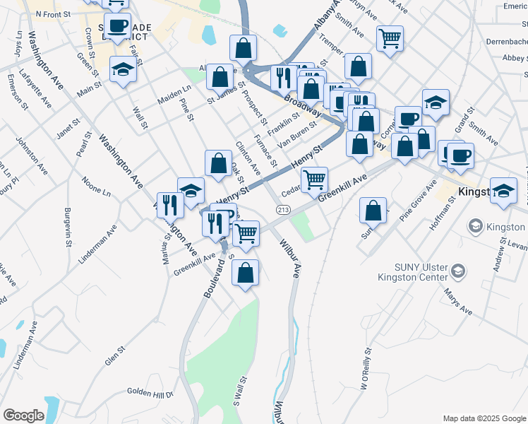 map of restaurants, bars, coffee shops, grocery stores, and more near 25 New York 213 in Kingston