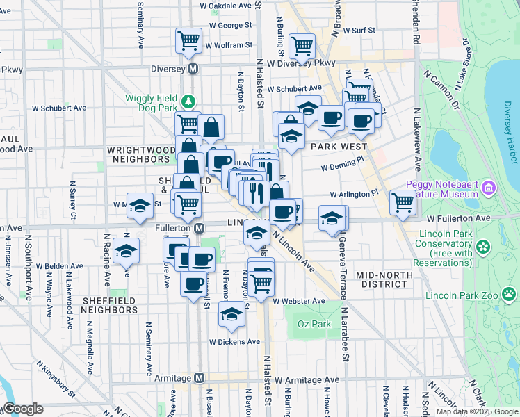 map of restaurants, bars, coffee shops, grocery stores, and more near 2431 North Lincoln Avenue in Chicago