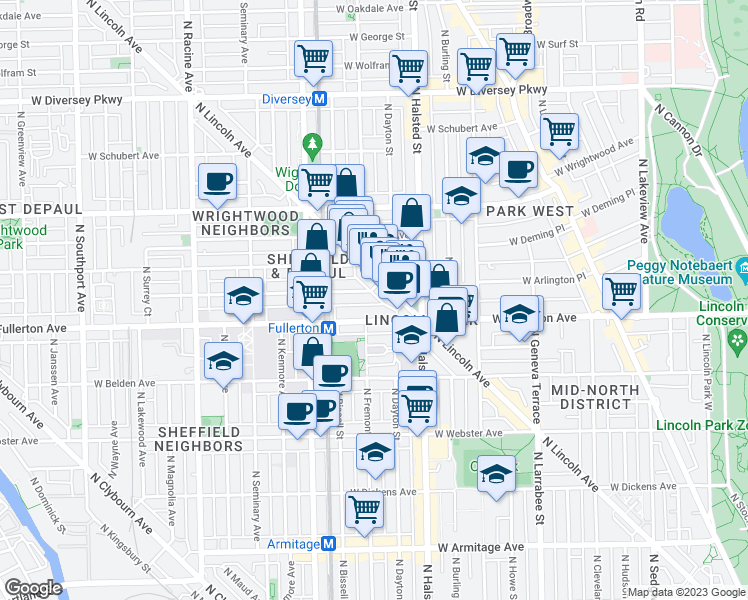 map of restaurants, bars, coffee shops, grocery stores, and more near 2442 North Lincoln Avenue in Chicago