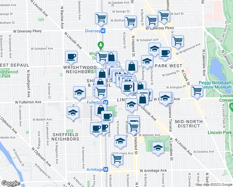 map of restaurants, bars, coffee shops, grocery stores, and more near 2442 North Lincoln Avenue in Chicago