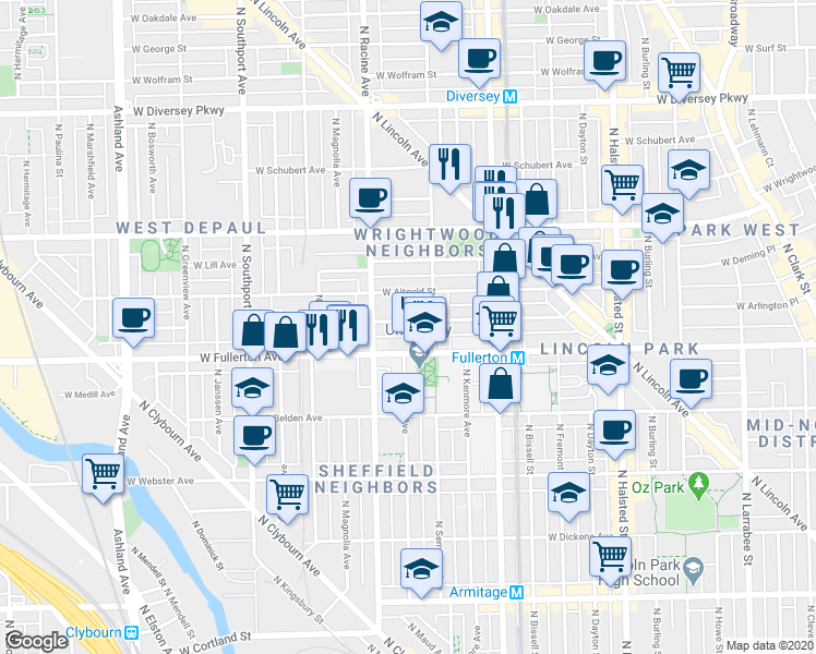map of restaurants, bars, coffee shops, grocery stores, and more near 1122 West Montana Street in Chicago