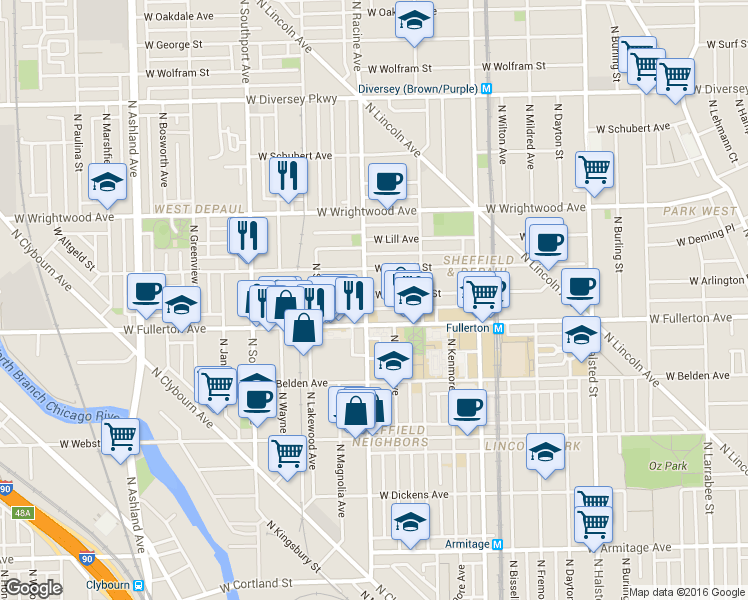 map of restaurants, bars, coffee shops, grocery stores, and more near 2440 North Racine Avenue in Chicago