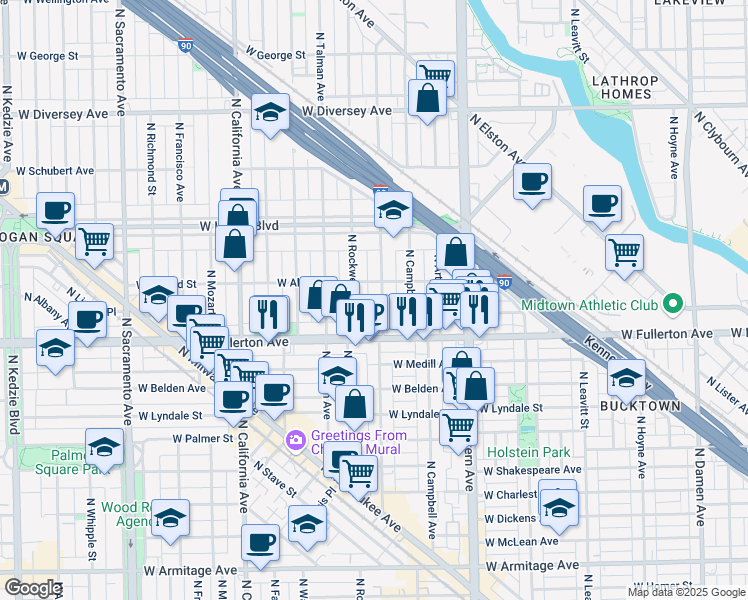 map of restaurants, bars, coffee shops, grocery stores, and more near 2454 North Maplewood Avenue in Chicago