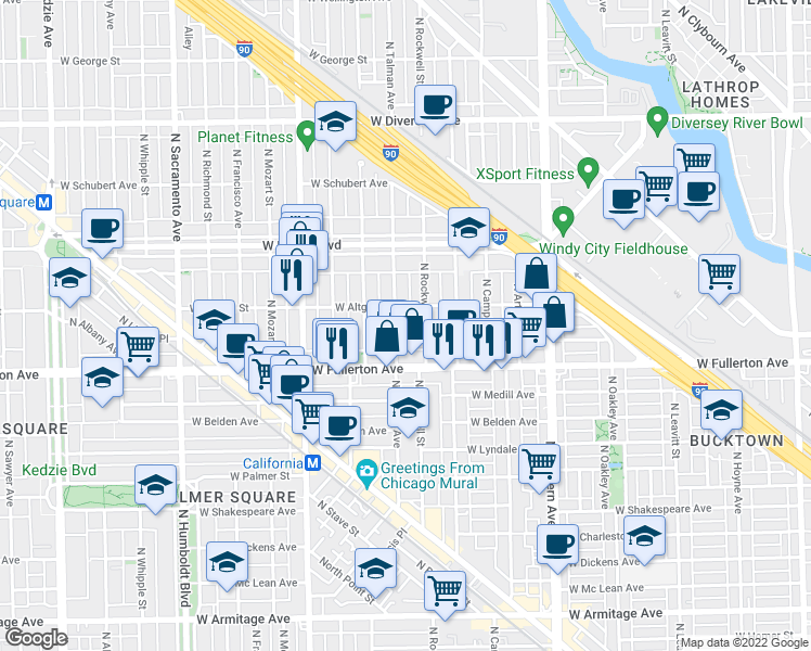 map of restaurants, bars, coffee shops, grocery stores, and more near 2452 North Rockwell Street in Chicago