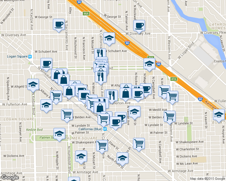 map of restaurants, bars, coffee shops, grocery stores, and more near 2457 North Fairfield Avenue in Chicago