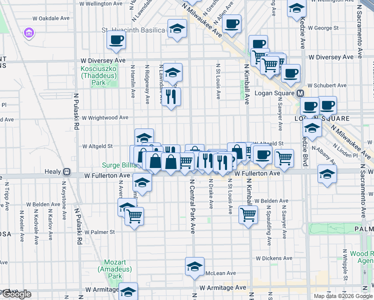 map of restaurants, bars, coffee shops, grocery stores, and more near 2502 North Central Park Avenue in Chicago