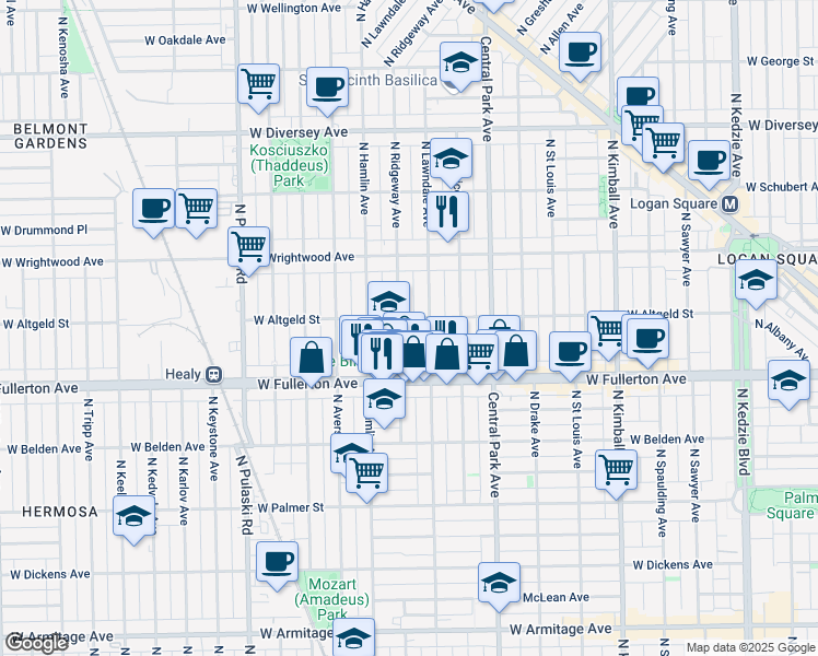 map of restaurants, bars, coffee shops, grocery stores, and more near 3710 West Altgeld Street in Chicago