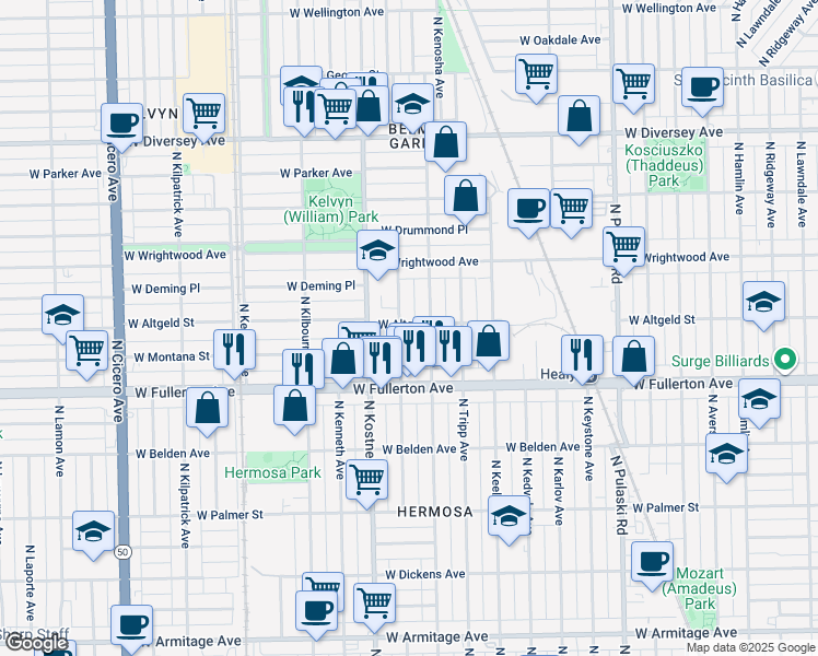 map of restaurants, bars, coffee shops, grocery stores, and more near 2507 North Lowell Avenue in Chicago