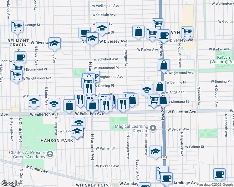 map of restaurants, bars, coffee shops, grocery stores, and more near 5043 West Deming Place in Chicago