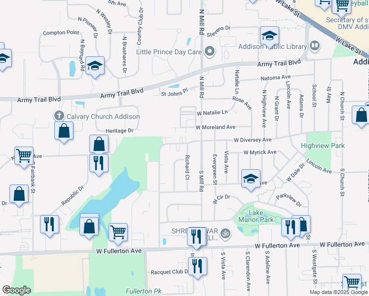 map of restaurants, bars, coffee shops, grocery stores, and more near 628 West Diversey Avenue in Addison