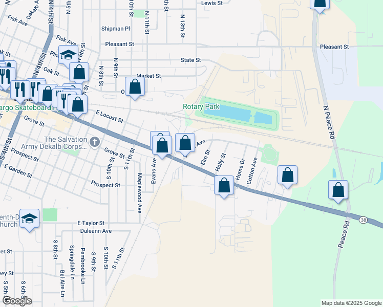 map of restaurants, bars, coffee shops, grocery stores, and more near 150 Dodge Avenue in DeKalb