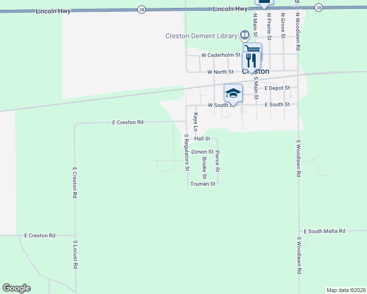 map of restaurants, bars, coffee shops, grocery stores, and more near 519 South Regulators Street in Creston