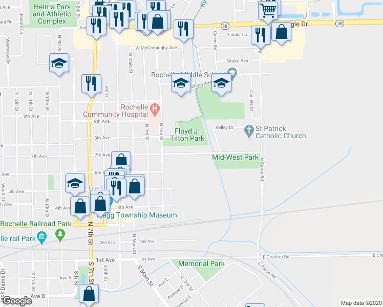 map of restaurants, bars, coffee shops, grocery stores, and more near 107 7th Avenue in Rochelle