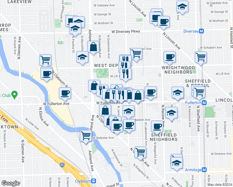 map of restaurants, bars, coffee shops, grocery stores, and more near 2430 North Janssen Avenue in Chicago