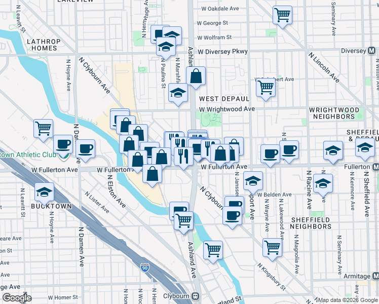 map of restaurants, bars, coffee shops, grocery stores, and more near 2439 North Marshfield Avenue in Chicago