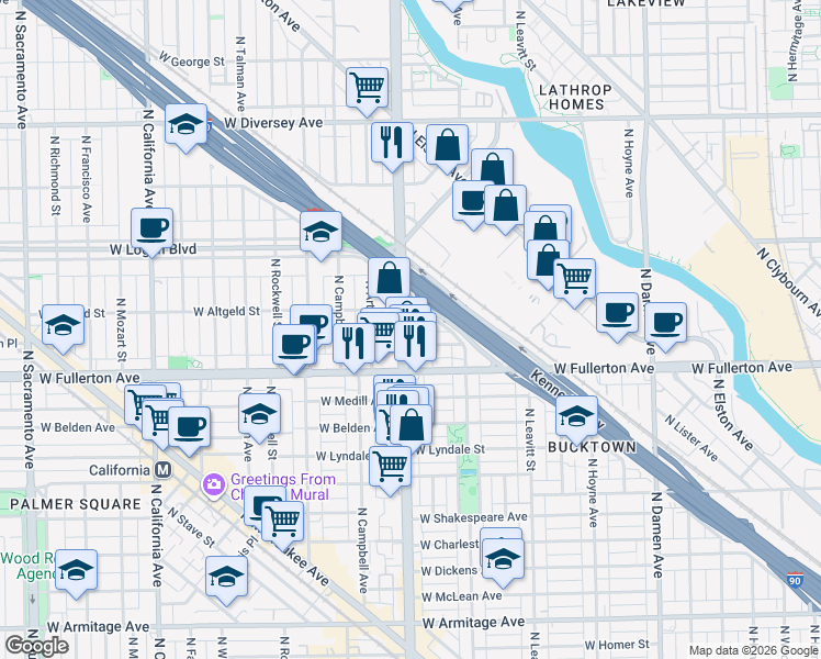 map of restaurants, bars, coffee shops, grocery stores, and more near 2342 North Avondale Avenue in Chicago