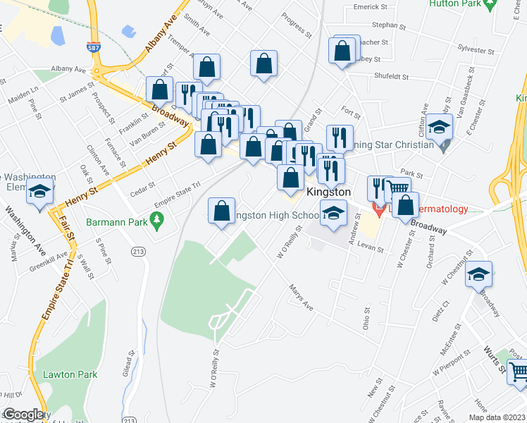 map of restaurants, bars, coffee shops, grocery stores, and more near 58 Pine Grove Avenue in Kingston