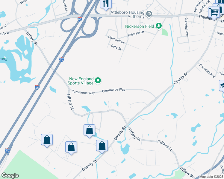 map of restaurants, bars, coffee shops, grocery stores, and more near Commerce Way in Attleboro