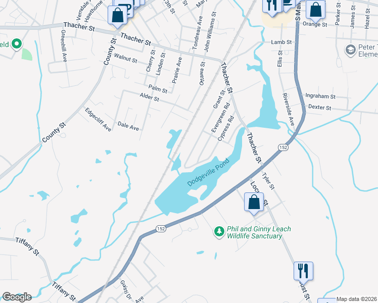 map of restaurants, bars, coffee shops, grocery stores, and more near 140 Grant Street in Attleboro