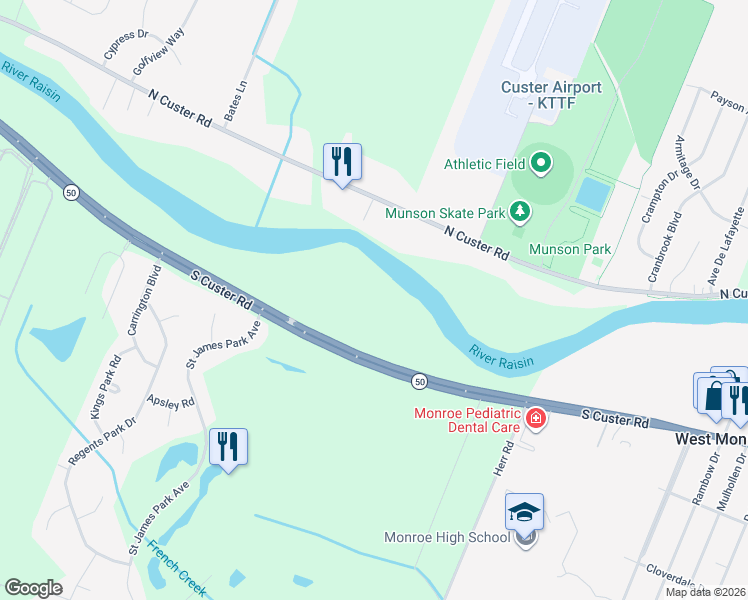 map of restaurants, bars, coffee shops, grocery stores, and more near 2886-3010 South Custer Road in Monroe