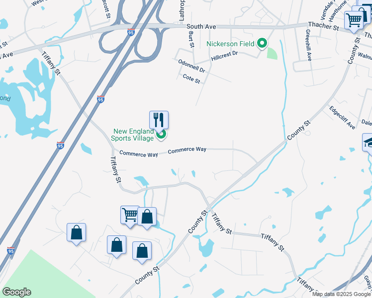 map of restaurants, bars, coffee shops, grocery stores, and more near Commerce Way in Attleboro