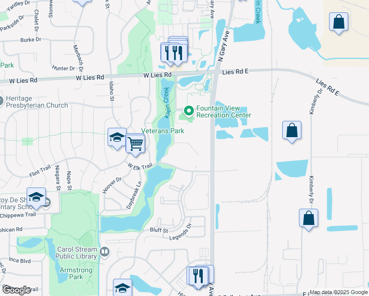 map of restaurants, bars, coffee shops, grocery stores, and more near 139 West Elk Trail in Carol Stream