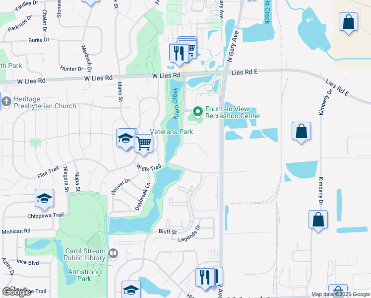 map of restaurants, bars, coffee shops, grocery stores, and more near 147 West Elk Trail in Carol Stream