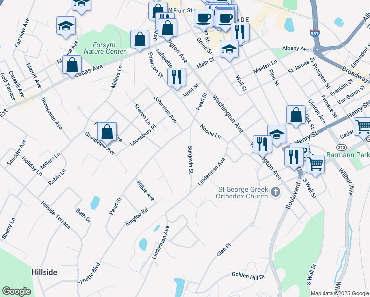 map of restaurants, bars, coffee shops, grocery stores, and more near 75 Burgevin Street in Kingston