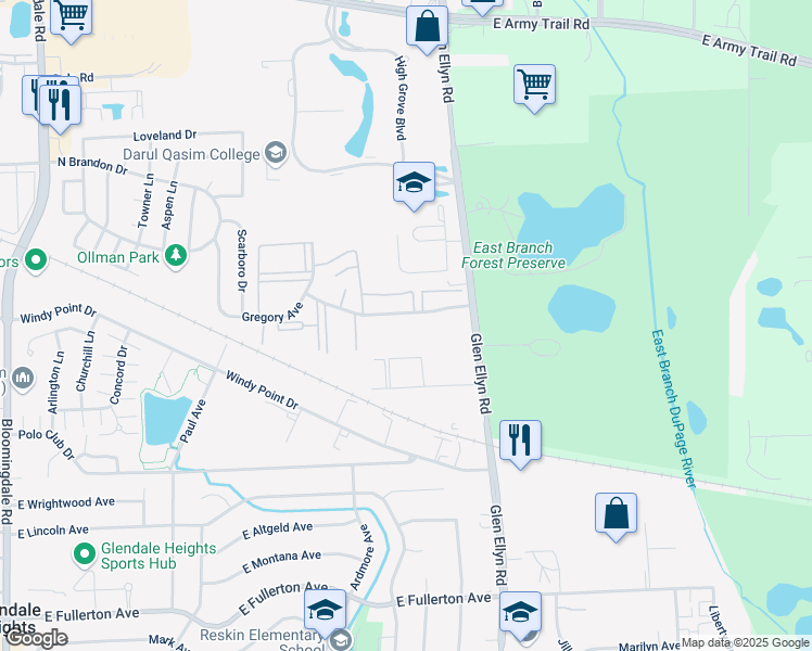 map of restaurants, bars, coffee shops, grocery stores, and more near 515 Gregory Avenue in Glendale Heights