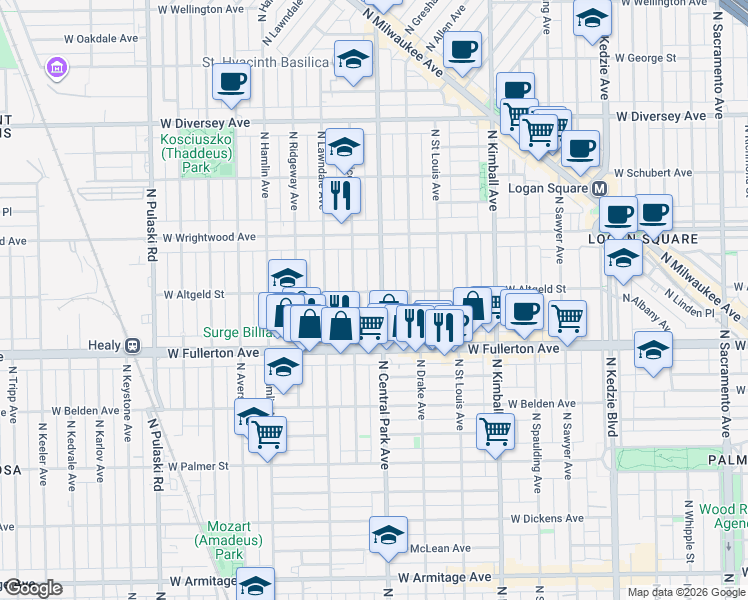 map of restaurants, bars, coffee shops, grocery stores, and more near 2502 North Central Park Avenue in Chicago