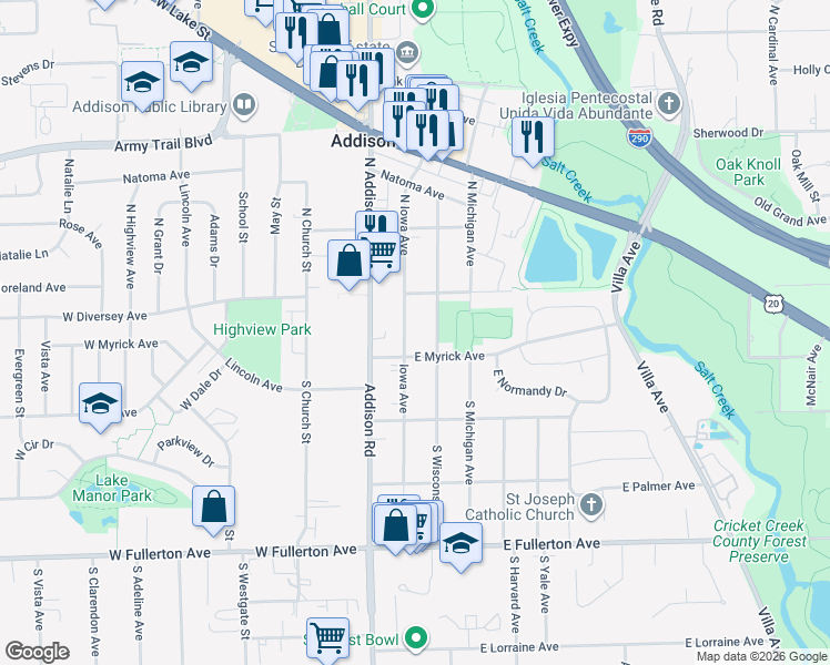 map of restaurants, bars, coffee shops, grocery stores, and more near 19 Iowa Avenue in Addison