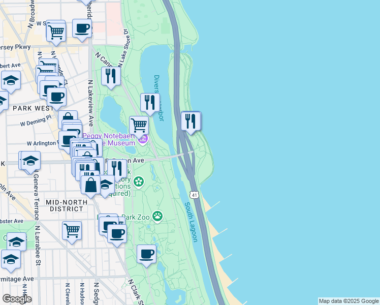 map of restaurants, bars, coffee shops, grocery stores, and more near 13 West Fullerton Avenue in Chicago