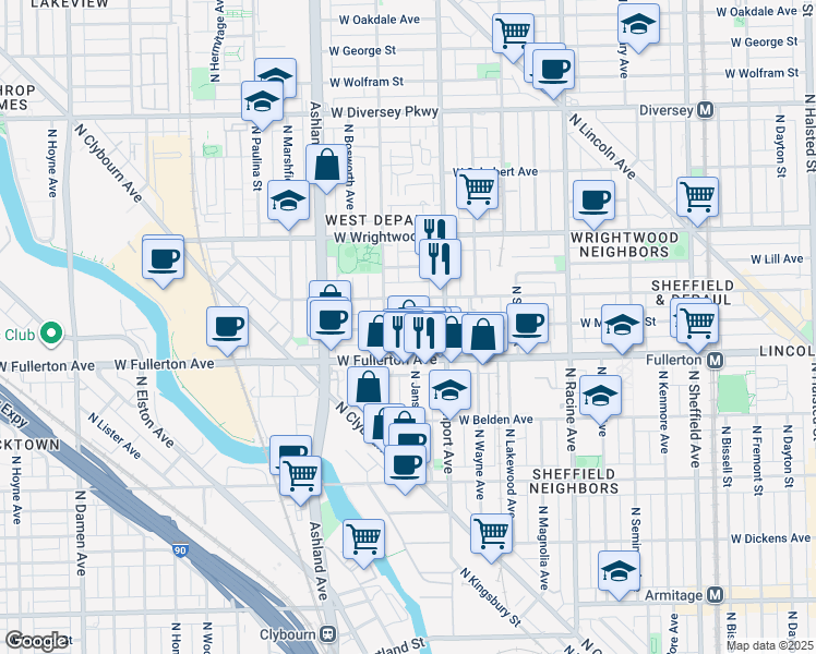 map of restaurants, bars, coffee shops, grocery stores, and more near 2432 North Janssen Avenue in Chicago