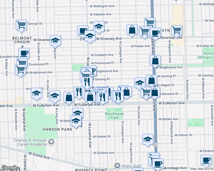 map of restaurants, bars, coffee shops, grocery stores, and more near 5054 West Altgeld Street in Chicago