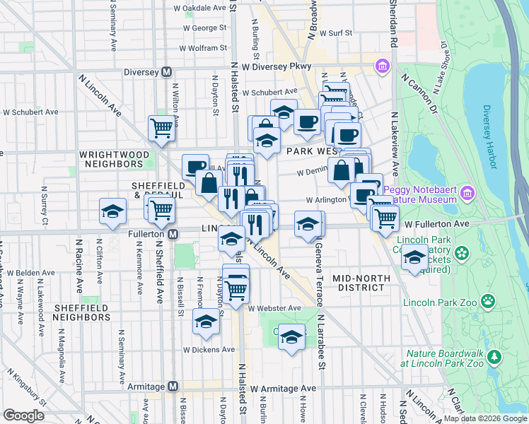 map of restaurants, bars, coffee shops, grocery stores, and more near 2434 North Orchard Street in Chicago