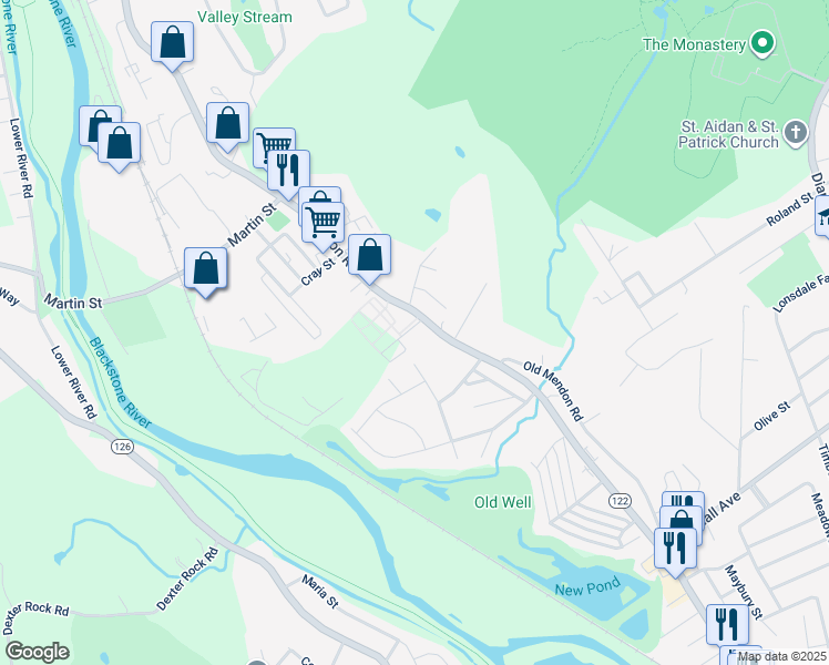 map of restaurants, bars, coffee shops, grocery stores, and more near 19 Hunt Street in Cumberland