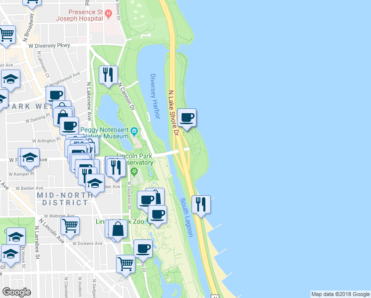 map of restaurants, bars, coffee shops, grocery stores, and more near 11 West Fullerton Parkway in Chicago