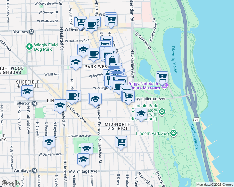 map of restaurants, bars, coffee shops, grocery stores, and more near 519 West Arlington Place in Chicago