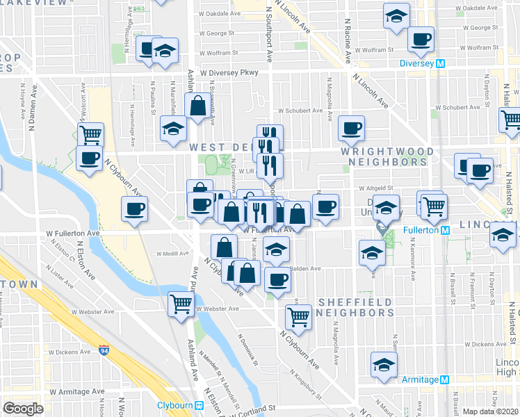 map of restaurants, bars, coffee shops, grocery stores, and more near 2443 North Janssen Avenue in Chicago