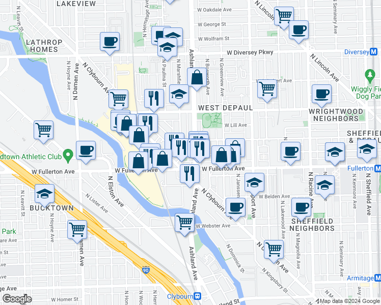 map of restaurants, bars, coffee shops, grocery stores, and more near 2439 North Marshfield Avenue in Chicago