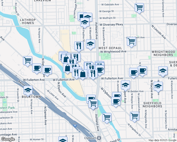 map of restaurants, bars, coffee shops, grocery stores, and more near 2449 North Clybourn Avenue in Chicago