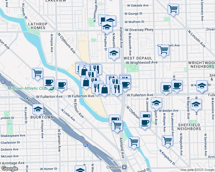 map of restaurants, bars, coffee shops, grocery stores, and more near 2449 North Clybourn Avenue in Chicago
