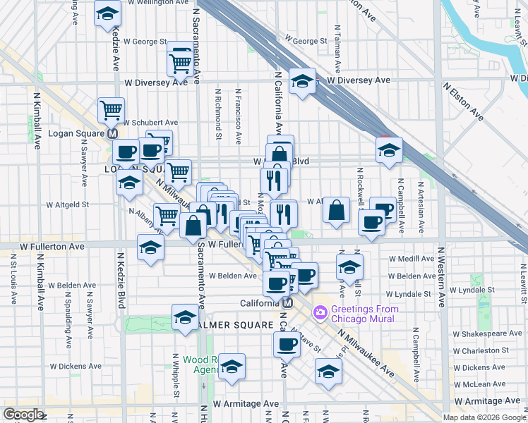 map of restaurants, bars, coffee shops, grocery stores, and more near 2456 North Mozart Street in Chicago