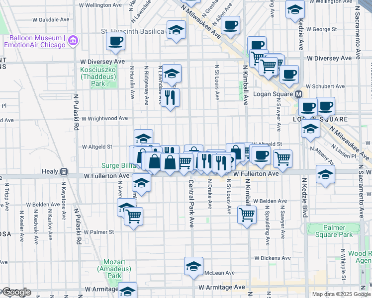map of restaurants, bars, coffee shops, grocery stores, and more near 2502 North Central Park Avenue in Chicago