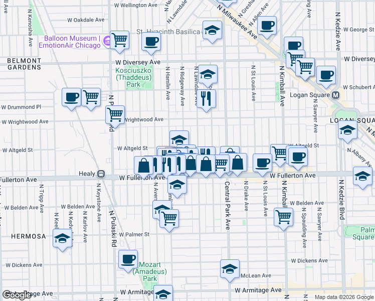 map of restaurants, bars, coffee shops, grocery stores, and more near 3710 West Altgeld Street in Chicago