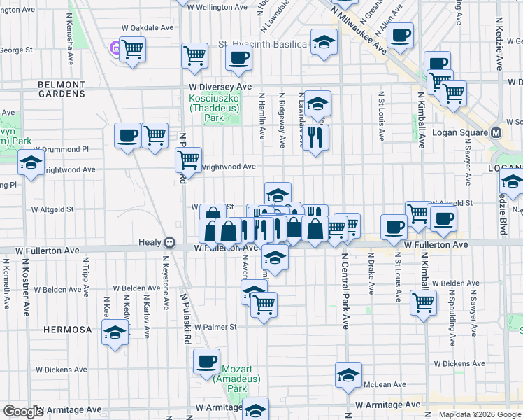 map of restaurants, bars, coffee shops, grocery stores, and more near 3752 West Altgeld Street in Chicago