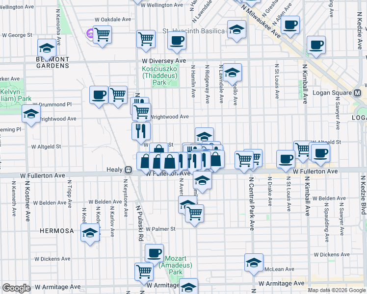 map of restaurants, bars, coffee shops, grocery stores, and more near 2503 North Avers Avenue in Chicago